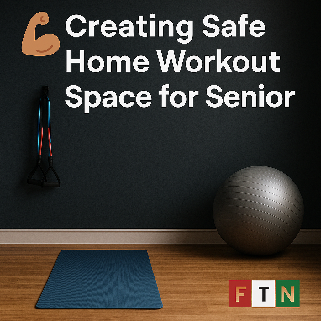 Elderly woman exercising with light weights in a clean, well-lit home gym setup, illustrating a safe and supportive workout environment for seniors – FTN logo included