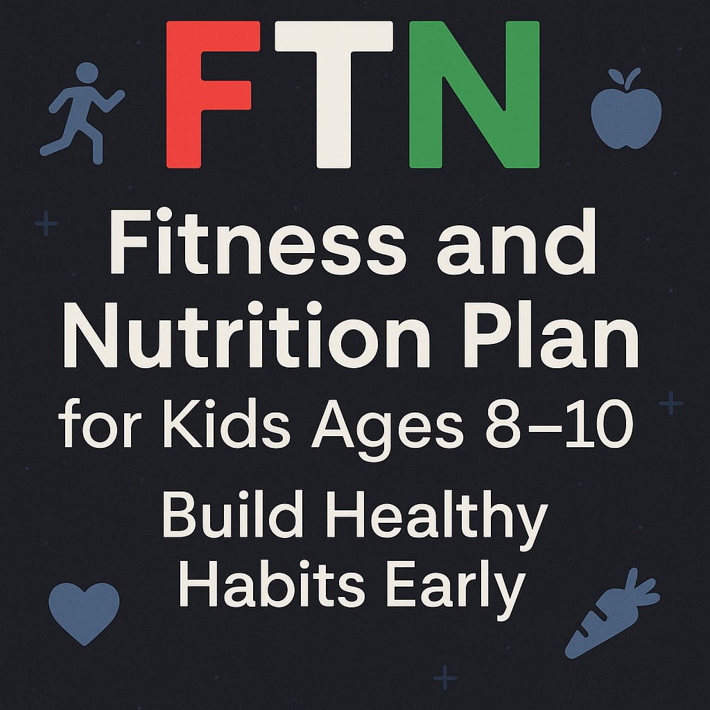 Happy kids aged 8 to 10 exercising and eating healthy foods like fruits and vegetables as part of a fitness and nutrition plan to build lifelong healthy habits.