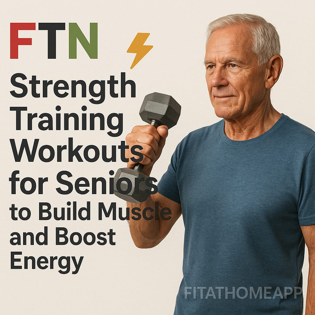 Elderly man performing strength training with dumbbells in a gym setting, demonstrating effective workouts for muscle building and energy boost in seniors – FTN logo included