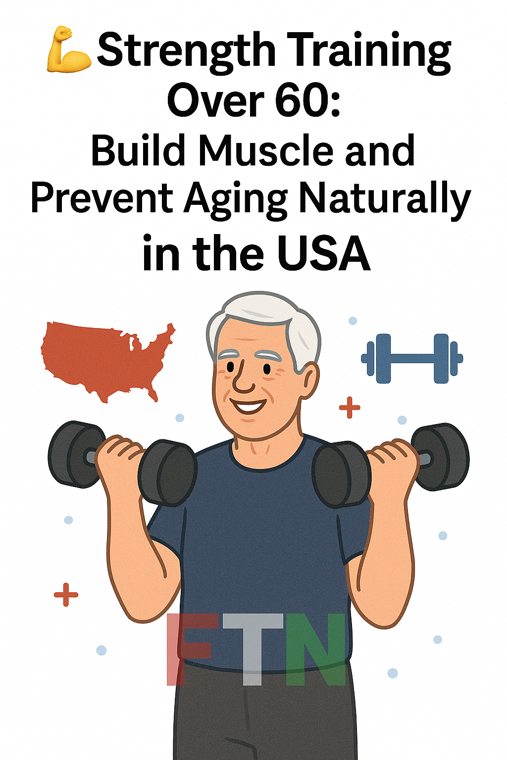 Senior man lifting dumbbells confidently at the gym, representing strength training for people over 60 to build muscle and fight aging naturally – FTN logo visible