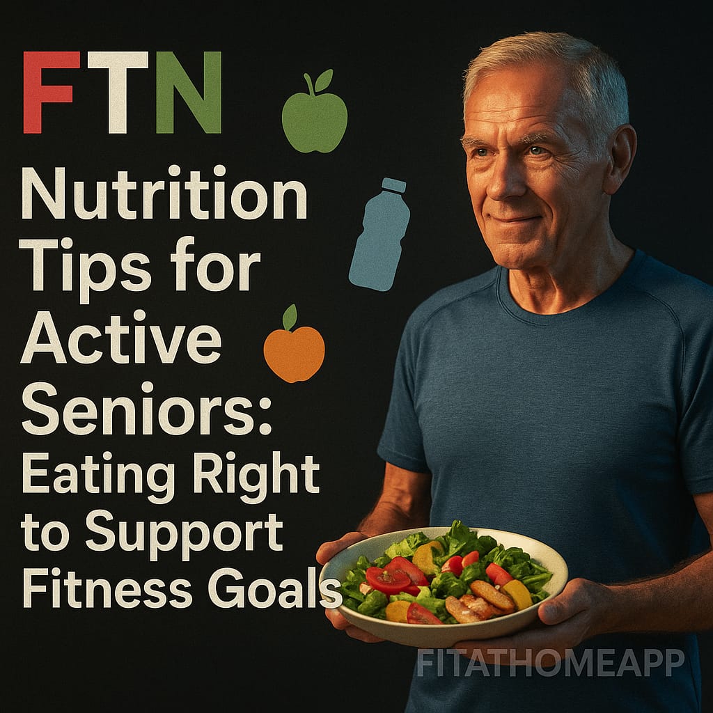 Healthy meal with vegetables, lean protein, and whole grains on a plate, designed for active seniors aiming to support their fitness goals – FTN branding included