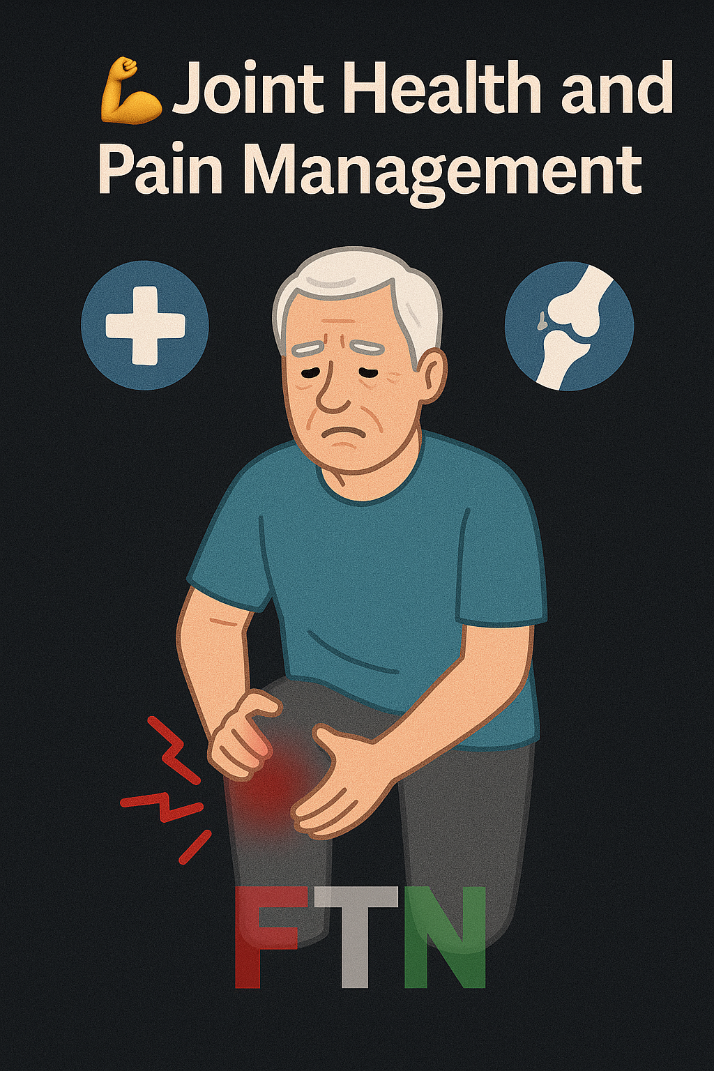 Senior woman gently stretching her knee with a calm expression, symbolizing joint health and pain relief techniques for better mobility – FTN logo included