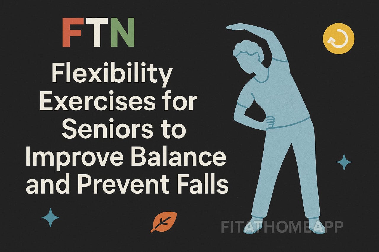 Smiling senior woman doing stretching or yoga poses in a bright room, showing flexibility exercises for better balance and fall prevention – FTN watermark included