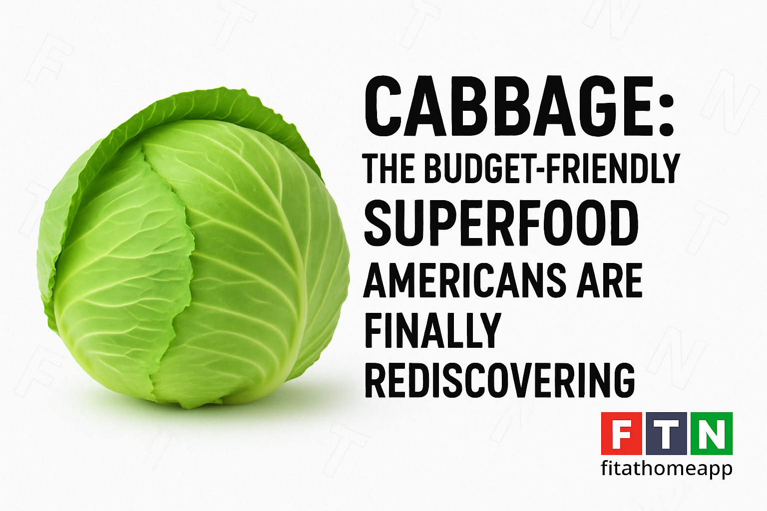 A fresh green cabbage cut in half, highlighting its benefits as a budget-friendly, nutrient-rich superfood making a comeback in 2025, with FTN logo 🥬🇺🇸