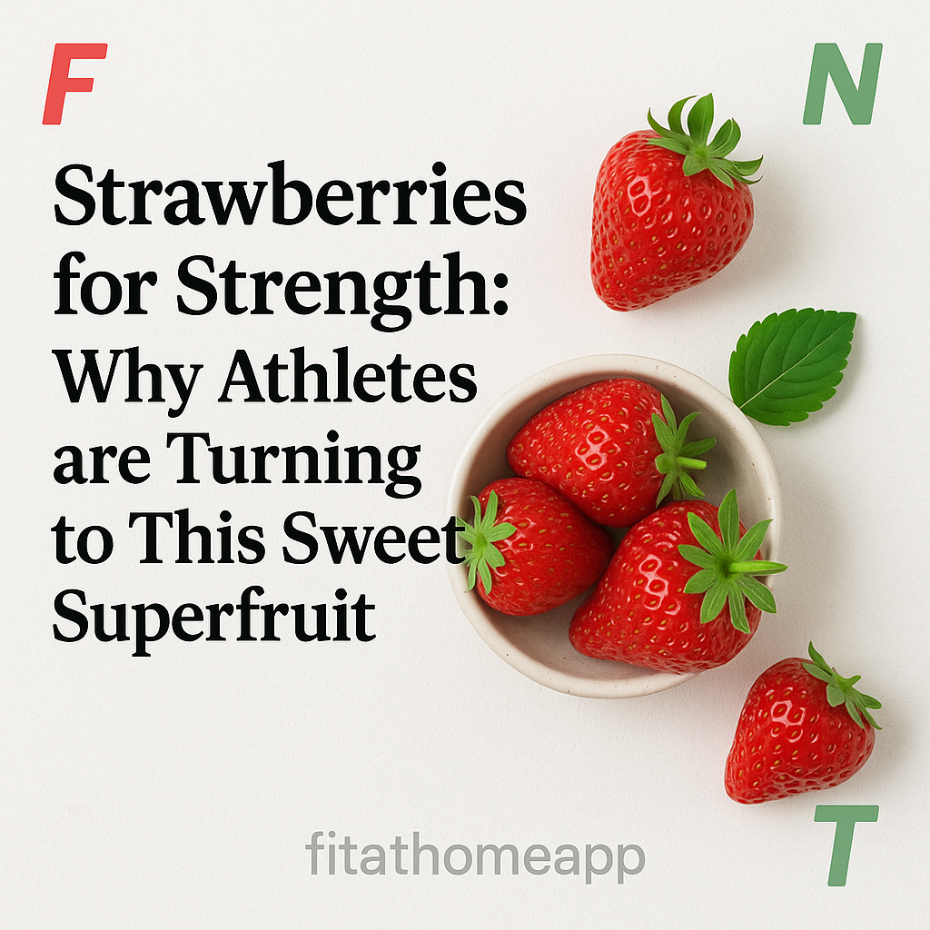 A vibrant bunch of fresh strawberries highlighting their role as a powerful superfruit for athletic strength and recovery in 2025, with FTN logo 🍓💪