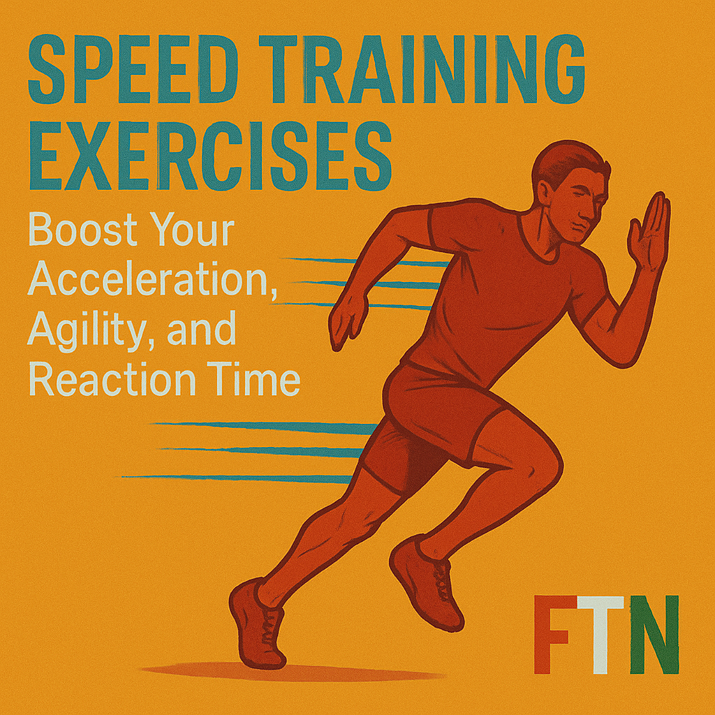 Athlete sprinting, doing agility ladder drills, cone drills, and reaction ball training—focused on improving speed, acceleration, and reflexes—dynamic motion blur style with FTN logo.