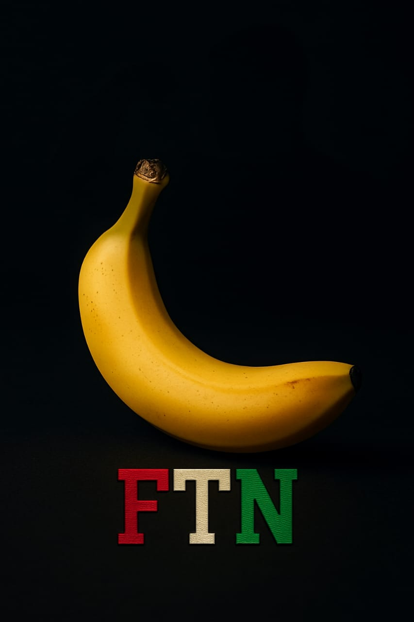 Ripe banana on a dark background with FTN logo — F in red, T in white, and N in green — symbolizing quick energy and essential nutrients for athletic performance.