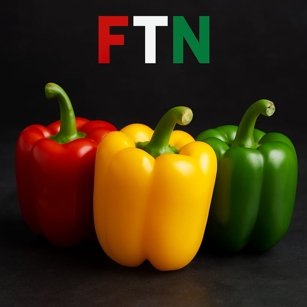 Colorful bell peppers on a dark background with FTN logo — F in red, T in white, and N in green — rich in vitamins A and C, ideal for immune support and muscle recovery.