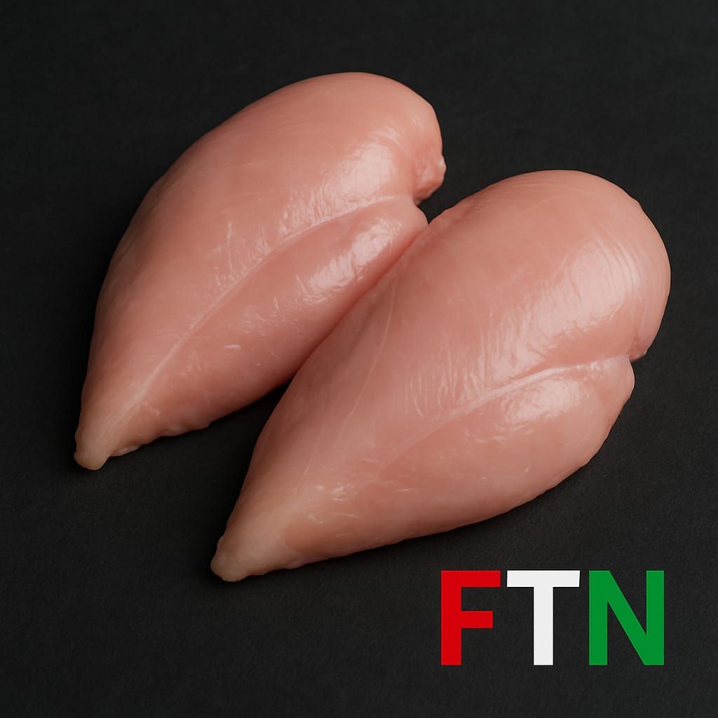 Grilled chicken breast on a dark background with FTN logo — F in red, T in white, and N in green — symbolizing lean protein and essential nutrition for athletes.