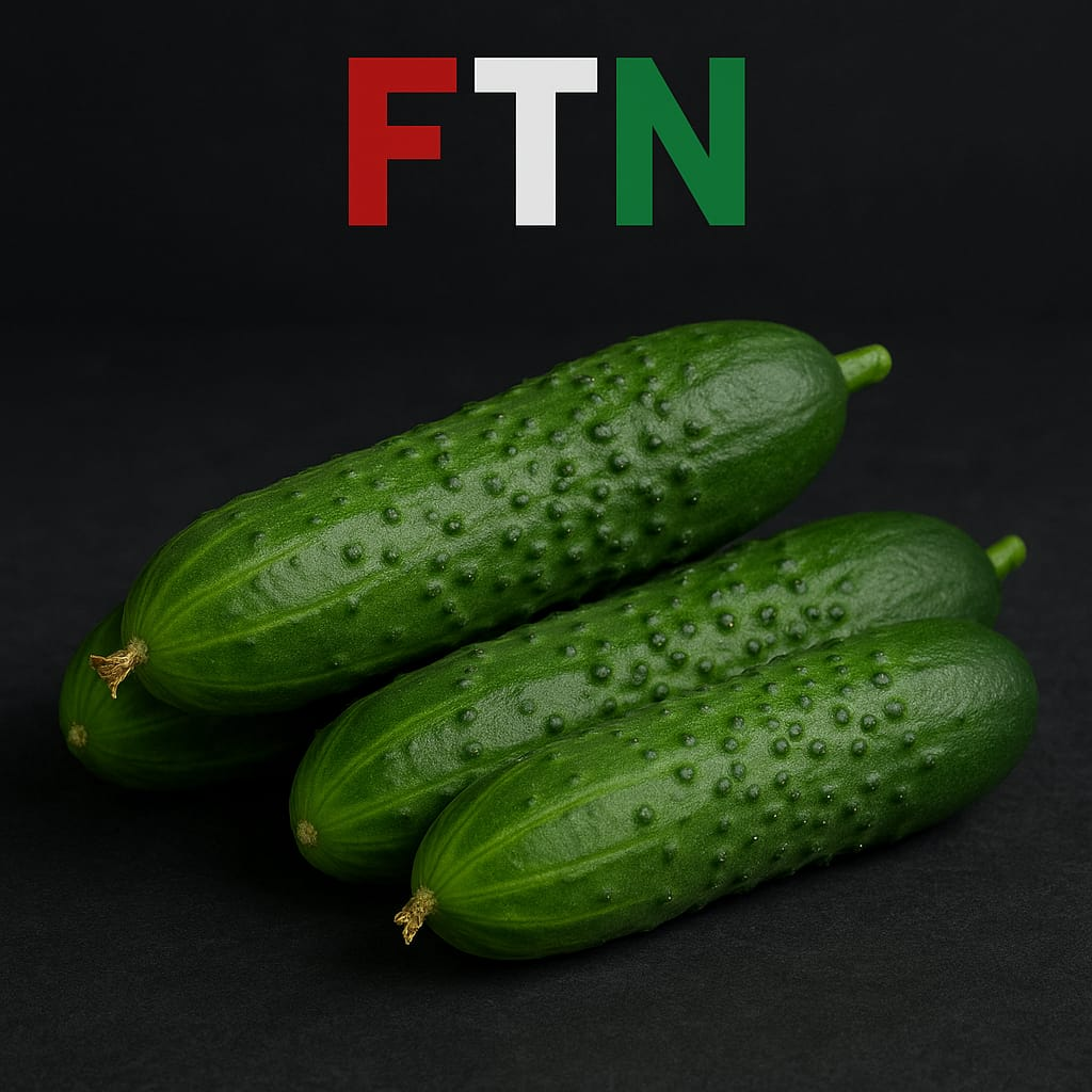 Fresh cucumbers on a dark background with FTN logo — F in red, T in white, and N in green — promoting hydration, digestion, and a refreshing addition to athletic meals.