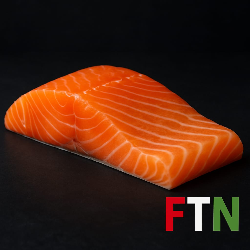 Fresh fish fillet on a dark background with FTN logo — F in red, T in white, and N in green — rich in omega-3 and essential nutrients for muscle recovery and heart health.