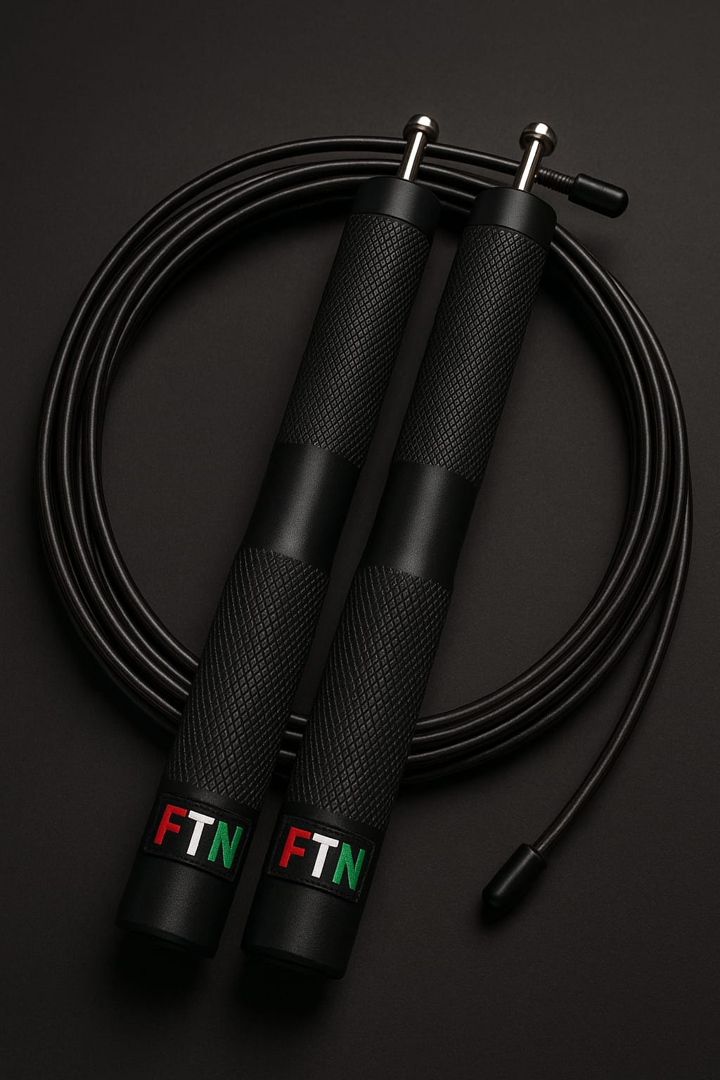 High-speed jump rope on a dark background with FTN logo — F in red, T in white, and N in green — ideal for cardio, endurance, and agility training.