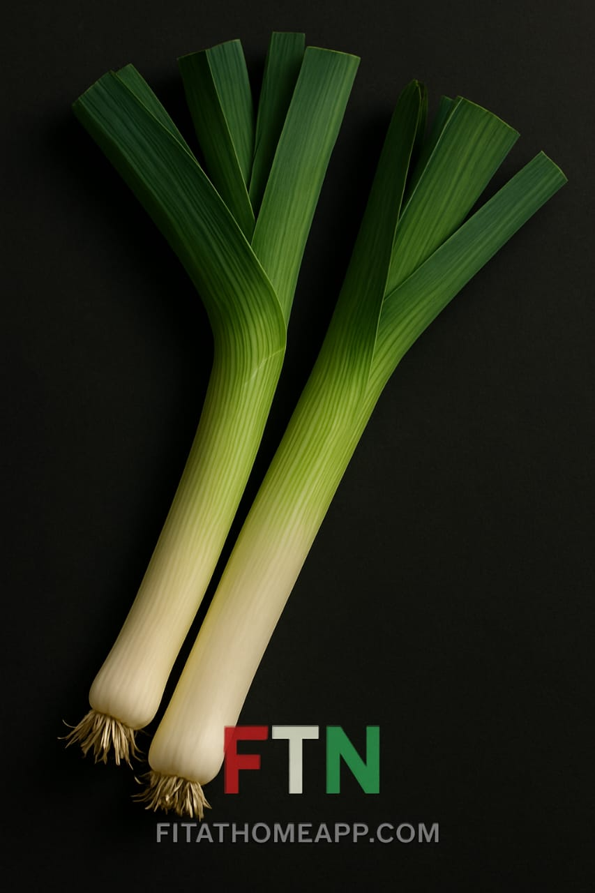 Fresh leeks on a dark background with FTN logo — F in red, T in white, and N in green — rich in vitamins and antioxidants to support digestion and overall wellness.