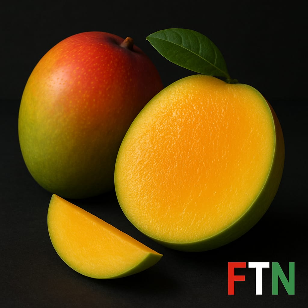 Ripe mango on a dark background with FTN logo — F in red, T in white, and N in green — providing natural sugars and antioxidants for active lifestyles.