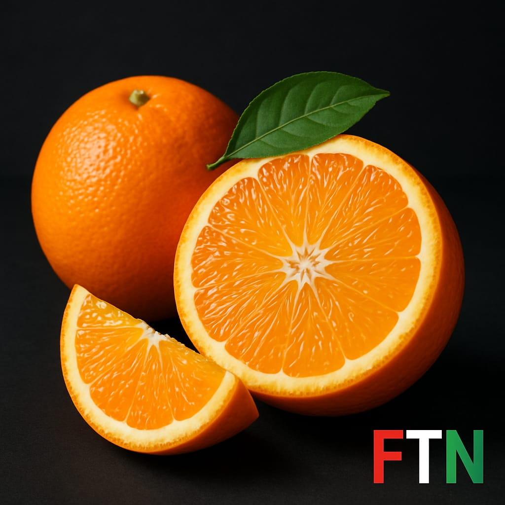 Juicy orange on a dark background with FTN logo — F in red, T in white, and N in green — representing immune support and refreshing hydration for athletes.