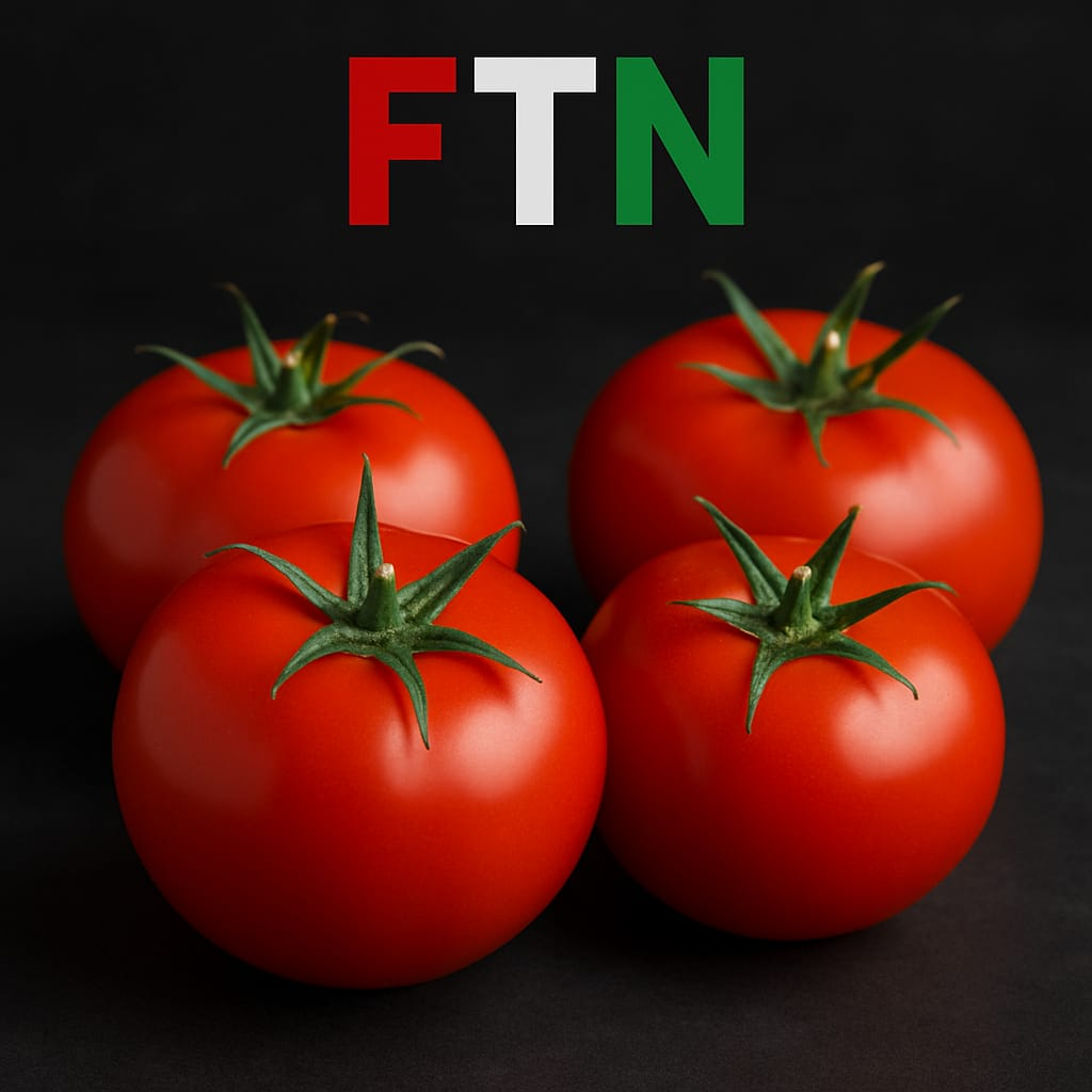 Fresh tomatoes on a dark background with FTN logo — F in red, T in white, and N in green — packed with antioxidants and vitamins for heart health and athletic recovery.
