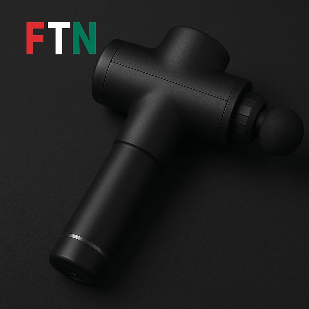 High-quality massage gun on a dark background with FTN logo — F in red, T in white, and N in green — symbolizing fitness recovery and muscle relaxation.