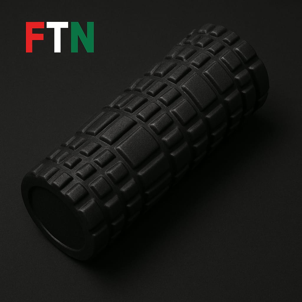 Foam roller on a dark background with FTN logo — F in red, T in white, and N in green — representing muscle recovery and mobility enhancement.