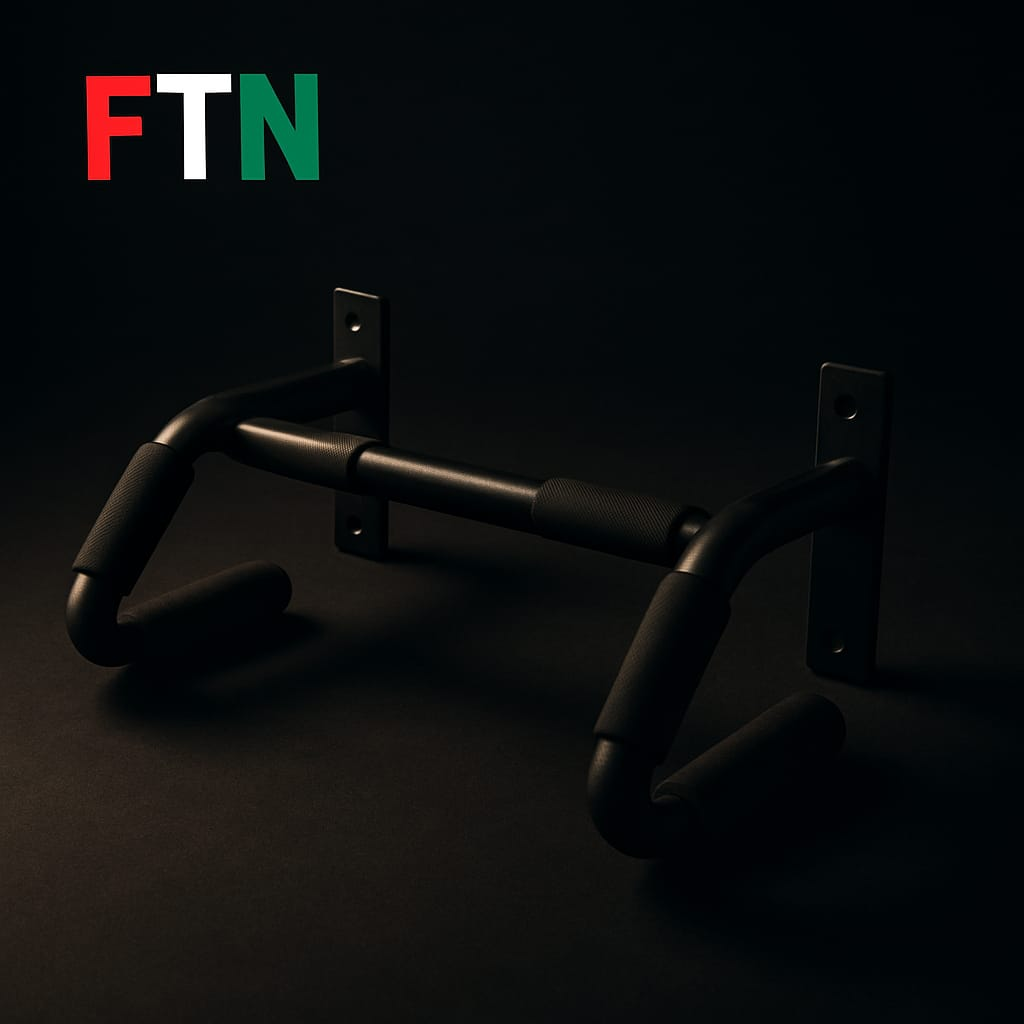 Sturdy pull-up bar on a dark background with FTN logo — F in red, T in white, and N in green — highlighting strength training and upper body workouts.
