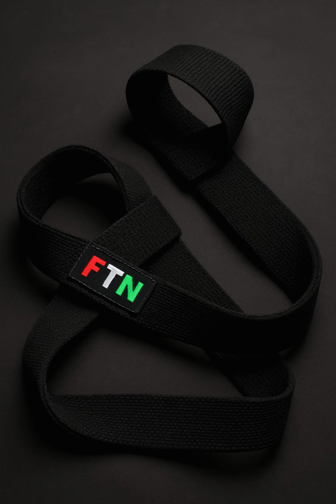 Durable lifting straps on a dark background with FTN logo — F in red, T in white, and N in green — designed to improve grip strength and lifting performance.