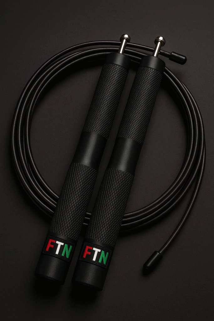High-speed jump rope on a dark background with FTN logo — F in red, T in white, and N in green — ideal for cardio, endurance, and agility training.