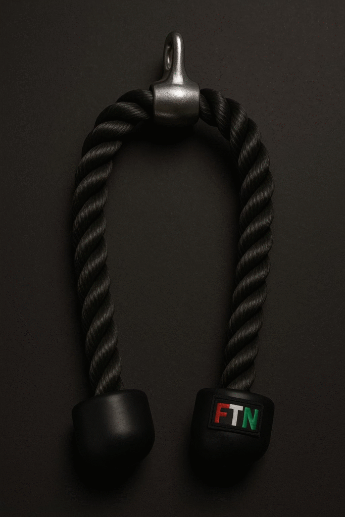 Heavy-duty tricep rope on a dark background with FTN logo — F in red, T in white, and N in green — perfect for arm workouts and triceps isolation exercises.