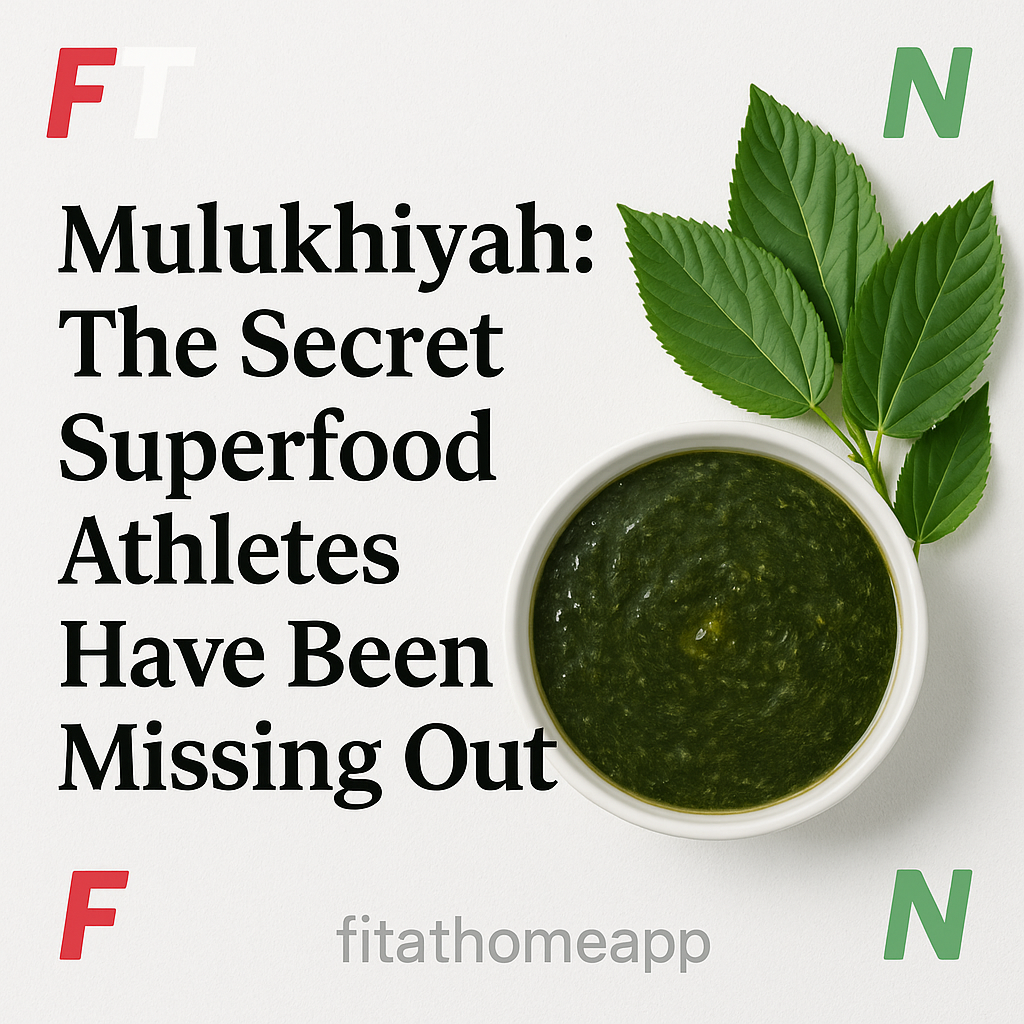 A bowl of fresh Mulukhiyah leaves, the secret nutrient-packed superfood for athletes in 2025, with FTN logo in the corner.