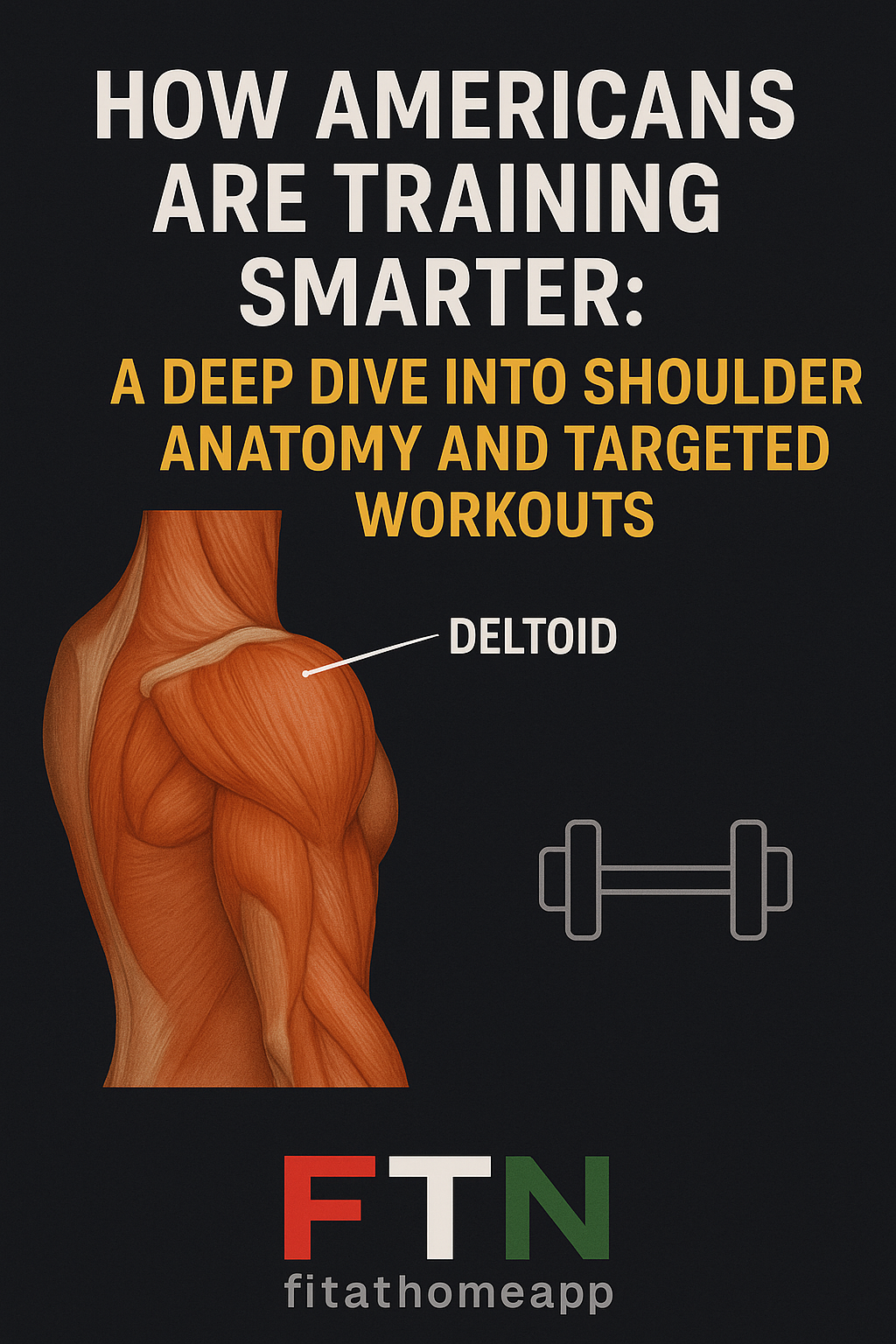 Anatomical illustration of shoulder muscles—deltoids (anterior, lateral, posterior) and rotator cuff—with visuals of targeted exercises like shoulder press, lateral raises, and face pulls. U.S.-style training focus with FTN logo.