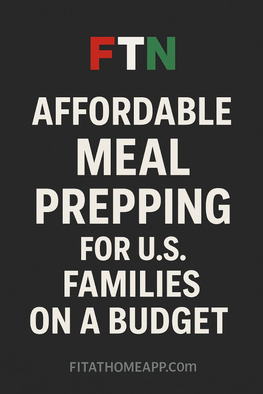 Healthy and budget-friendly meal prep containers filled with balanced meals—ideal for American families saving time and money—featuring FTN logo in a cozy kitchen setting.