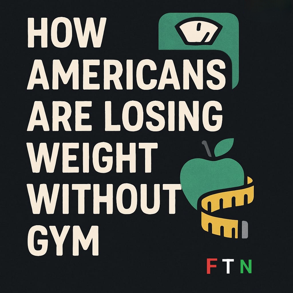 A diverse group of Americans doing outdoor bodyweight workouts—like walking, yoga in the park, home cardio routines and healthy meal prep—demonstrating weight loss strategies without relying on a gym, FTN logo included.