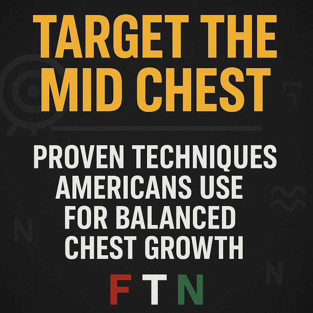 Focused athlete doing flat bench press, chest dips, and resistance band flys—exercises targeting mid-chest development with proven techniques popular among Americans, FTN logo displayed.