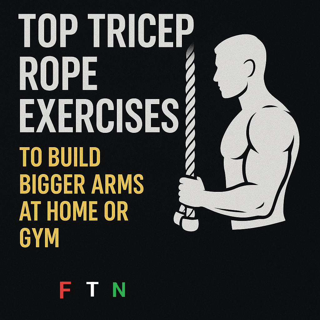Athlete performing tricep rope pushdowns, overhead extensions, and face-away extensions—highlighting triceps activation for arm growth in home and gym settings—modern 2025 fitness style with FTN logo.