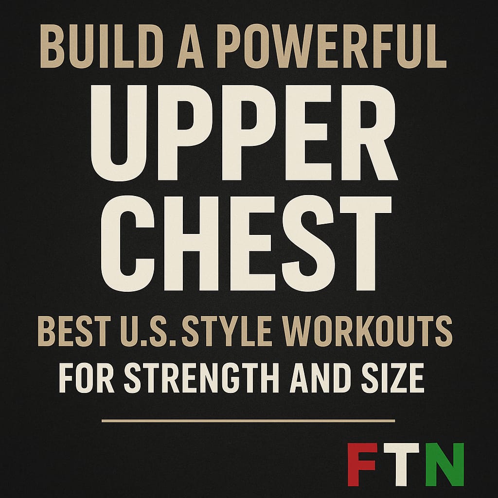 Athletic man performing incline bench press and push-ups with resistance bands—targeting the upper chest muscles with classic and modern U.S.-style strength workouts, FTN logo visible.
