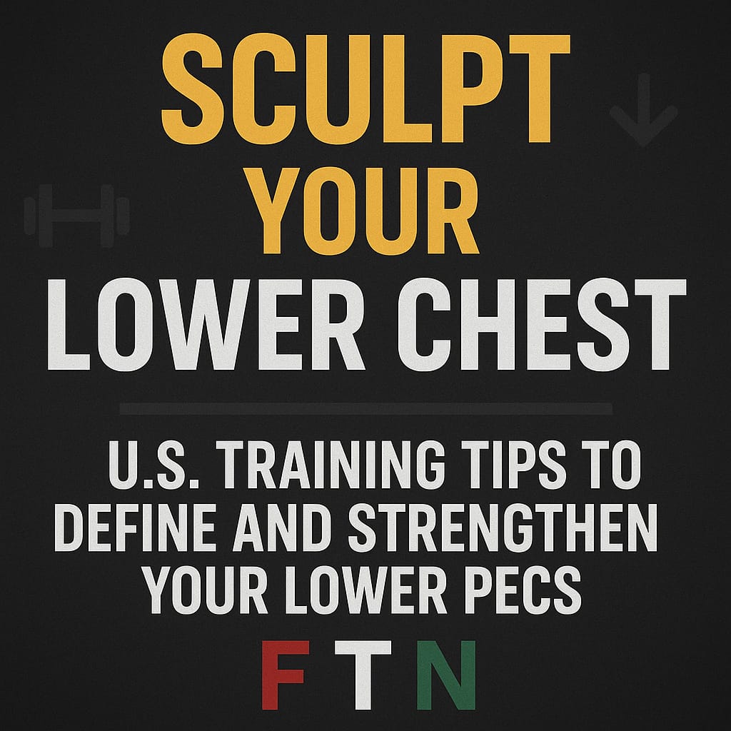 Fit individual performing decline push-ups, cable crossovers, and dips—highlighting lower chest definition with popular U.S. training methods—clean home or gym background, FTN logo included.