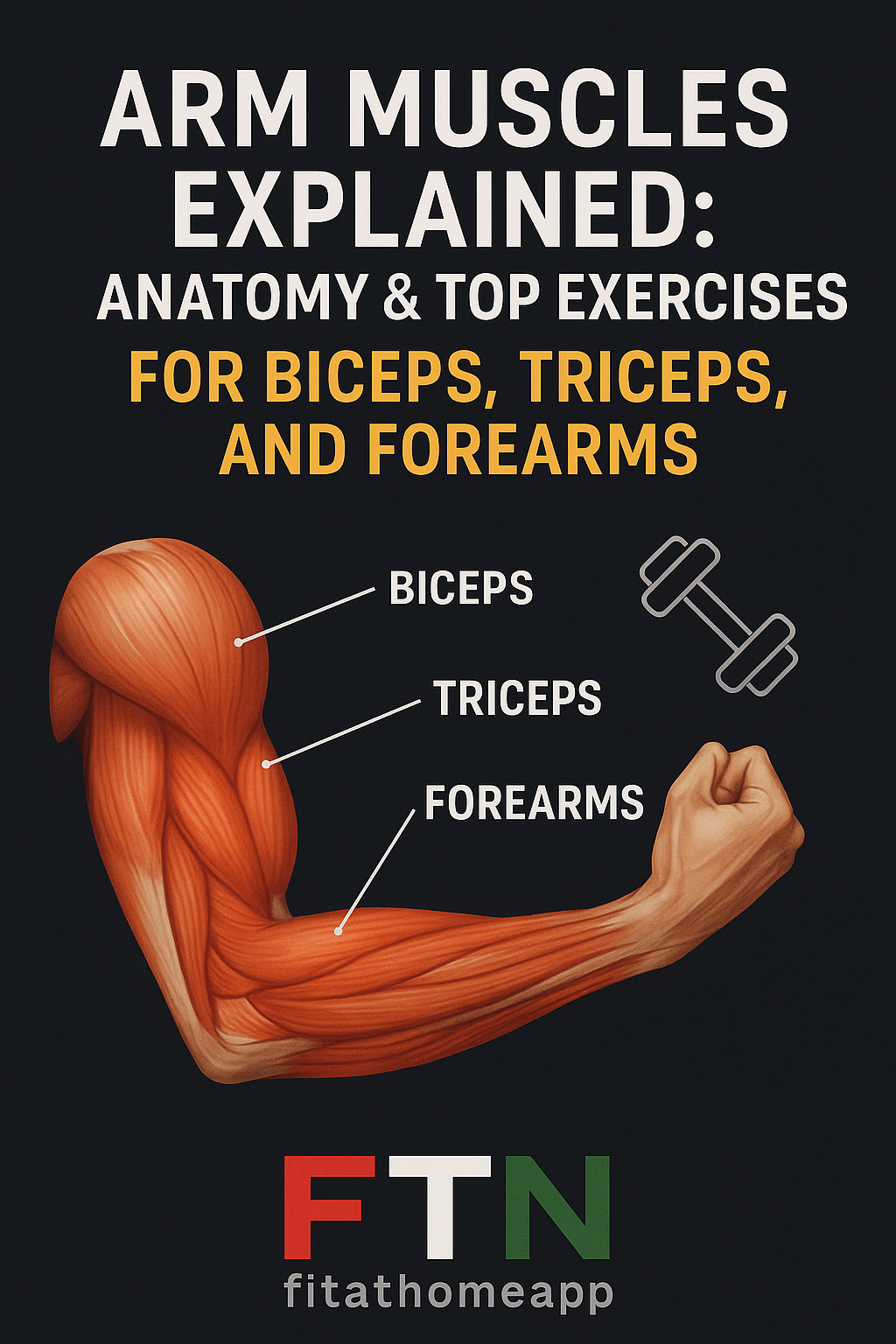 Labeled diagram showing biceps, triceps, and forearm muscles with illustrations of exercises like curls, dips, and wrist rolls—educational fitness visual with FTN logo.