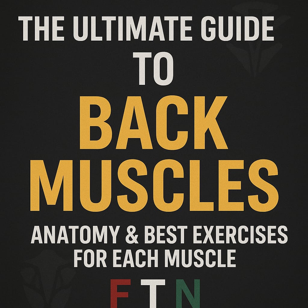 Detailed diagram of back muscle anatomy (lats, traps, rhomboids, erector spinae) with icons of exercises like pull-ups, rows, and deadlifts—educational and fitness-focused with FTN branding.