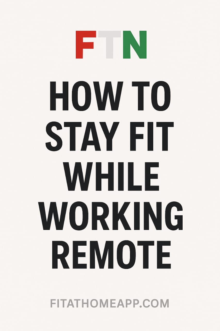 Illustration of a remote worker exercising at home desk—doing stretches, standing desk moves, using resistance bands and fitness apps—emphasizing U.S. remote-work wellness trends, modern and energetic, FTN logo included.